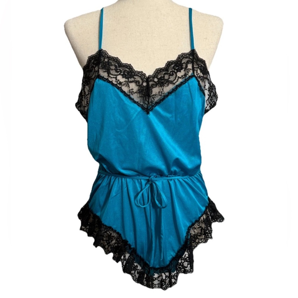 Vintage 70s 80s One Piece Lingerie Bodysuit Blue With Black Lace Medium